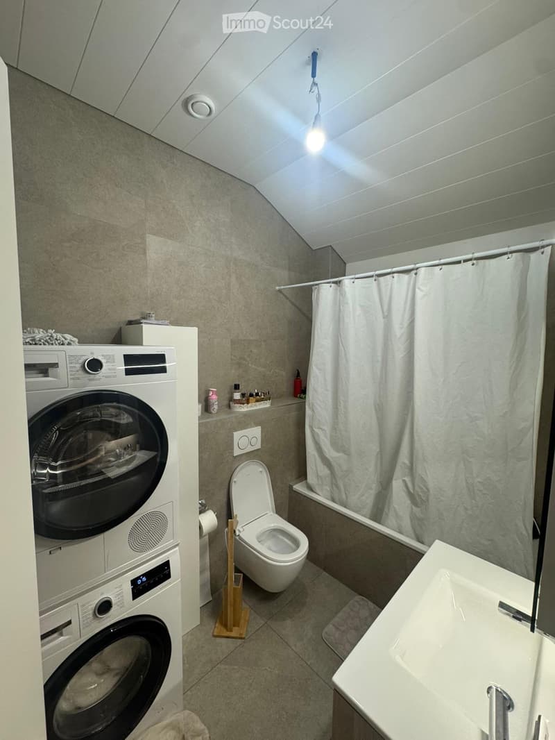 Bathroom with washing machine, sink, toilet, shower curtain, and a shelf