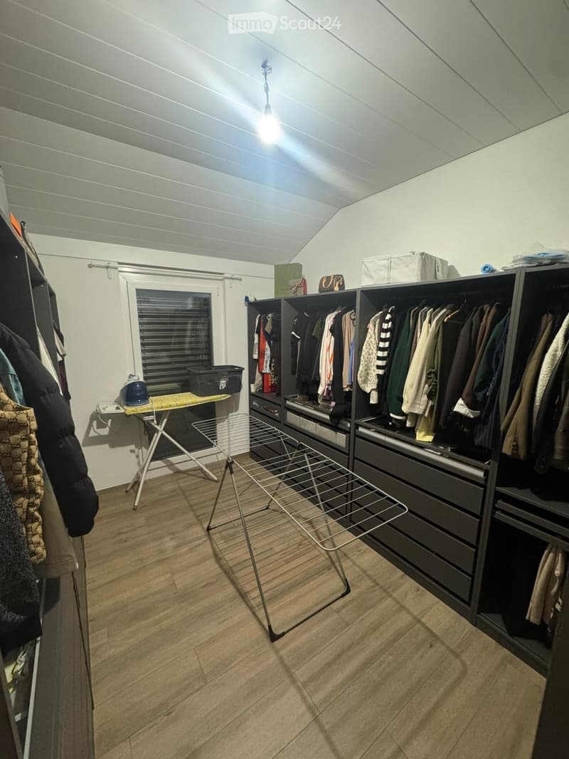 walk-in closet with wooden floor, white walls, large wardrobes, iron and ironing board, clothes hanging, light fixture