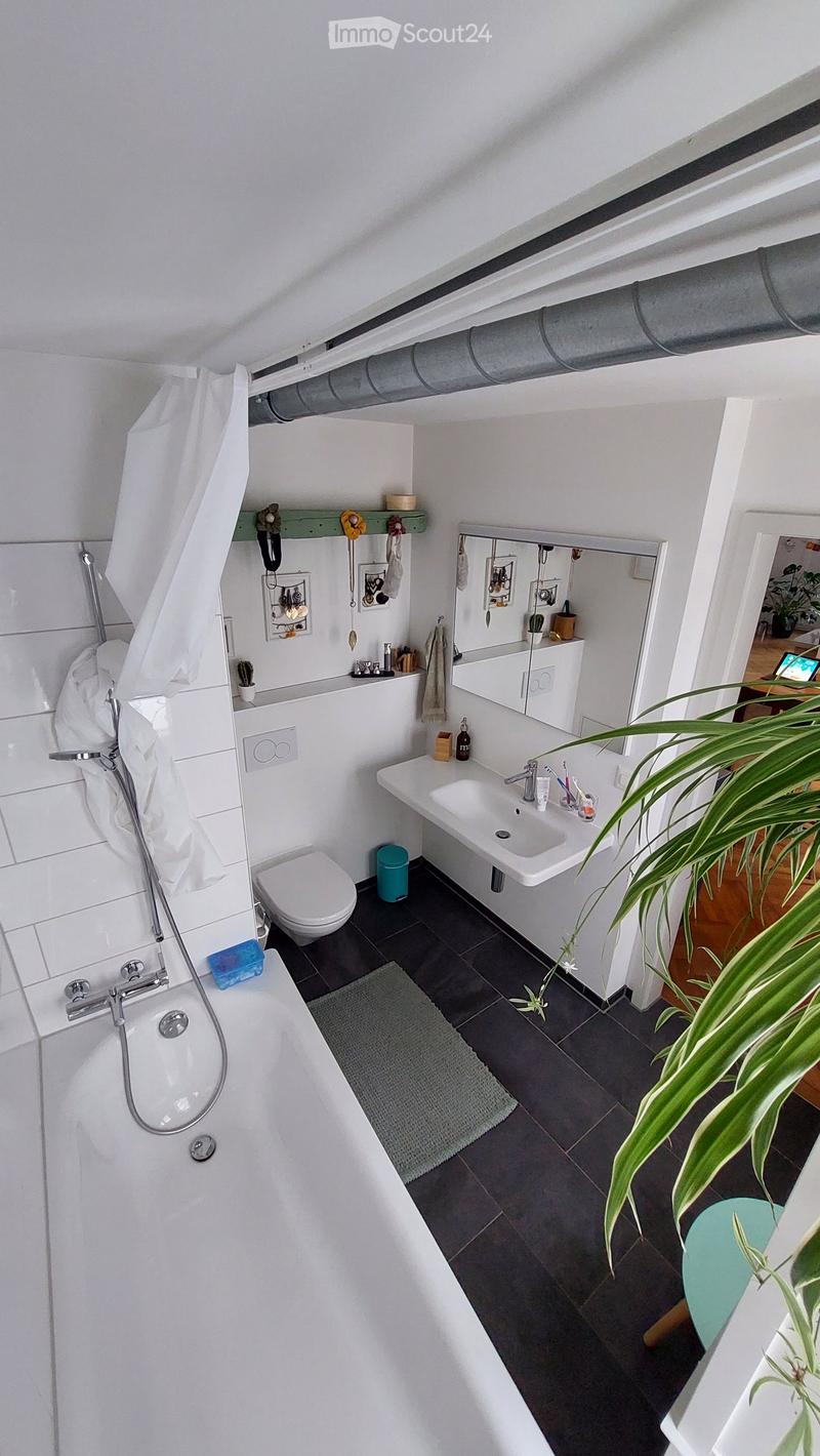 Bathtub, toilet, sink, mirror, shower curtain, rug, plants, shelves, toiletries