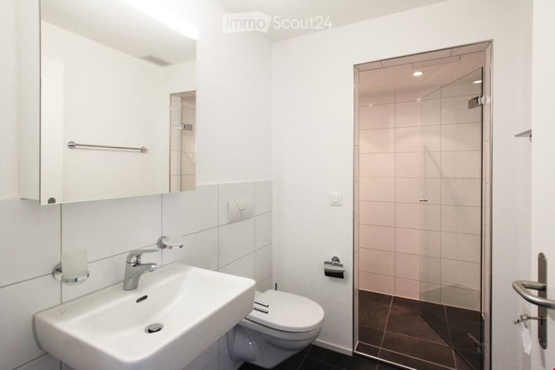 modern bathroom with white tiles, white sink, white toilet, glass shower enclosure