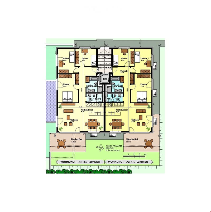 2 apartments, each with 4 rooms, 2 bathrooms, kitchen, living room, balcony