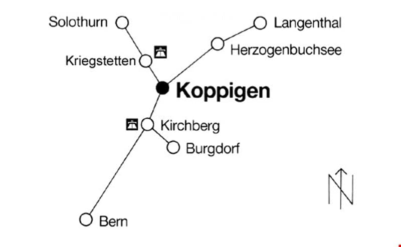 Map showing Koppigen and its surrounding areas including Solothurn, Langenthal, Herzogenbuchsee, Kriegstetten, Kirchberg, Burgdorf, and Bern.