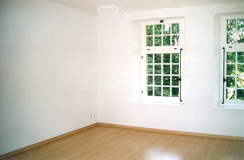 empty room, white walls, wooden floor, two windows