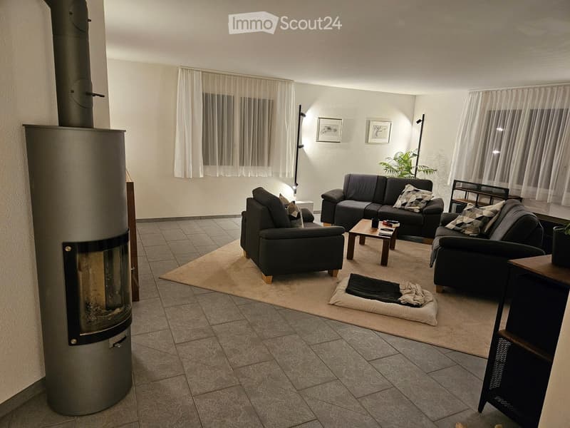 Living room with a fireplace, carpet, two couches, coffee table, a plant on a table, and curtains