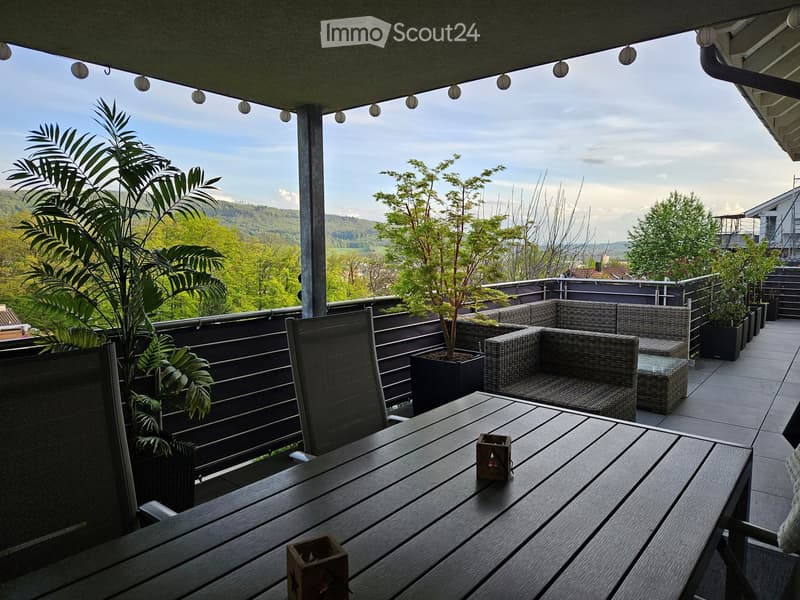outdoor dining table, wicker lounge chairs, hanging lights, potted plants, glass table, mountain view, black metal railing