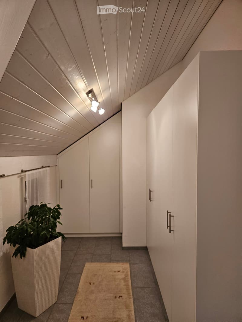 Storage room with white cabinets, a potted plant, tiled flooring, and a small rug. White ceiling with two lights.
