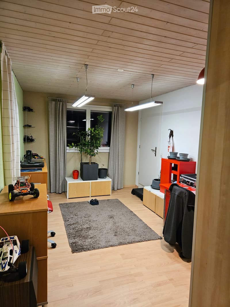 empty room with wooden floor, white walls, ceiling lights, rug, plant, shelves, toy cars, and a door