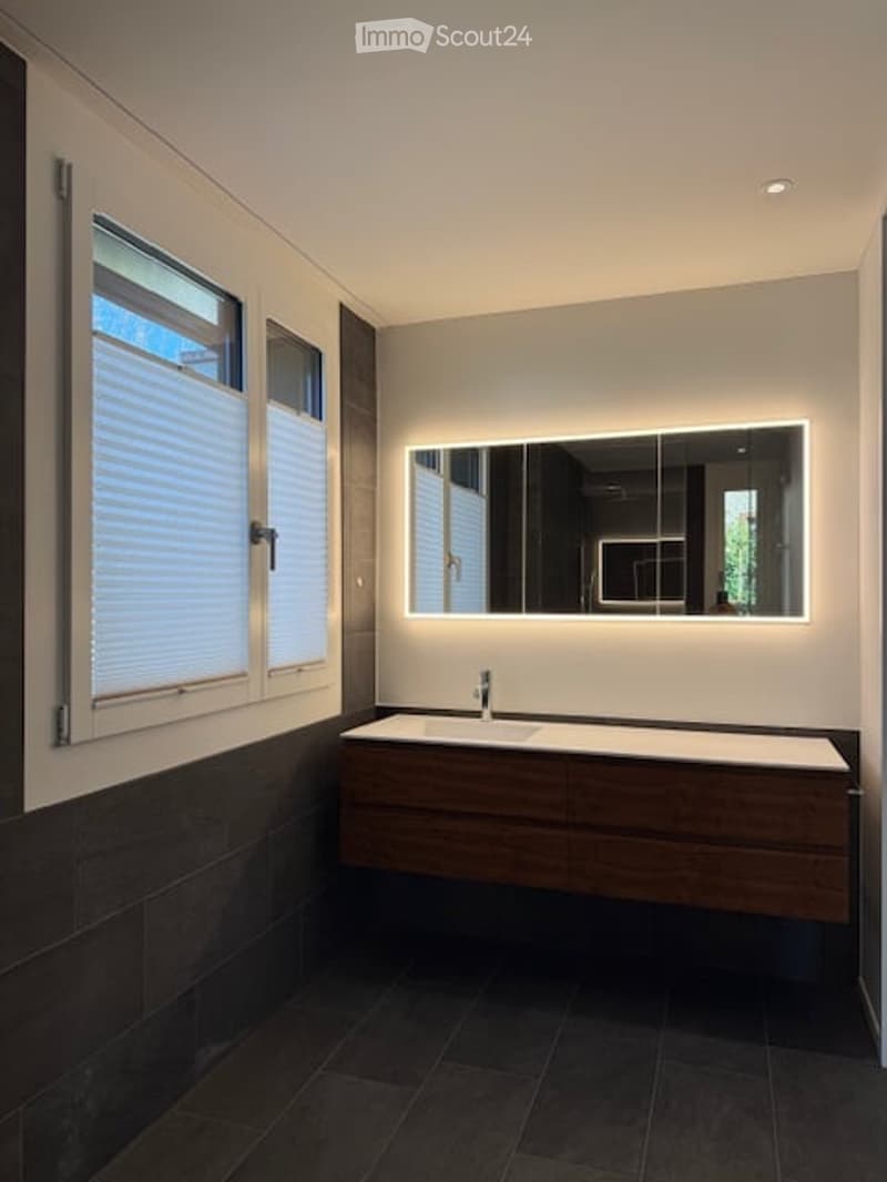 Bathroom with a large mirror, a wooden cabinet, a double sink, and a faucet