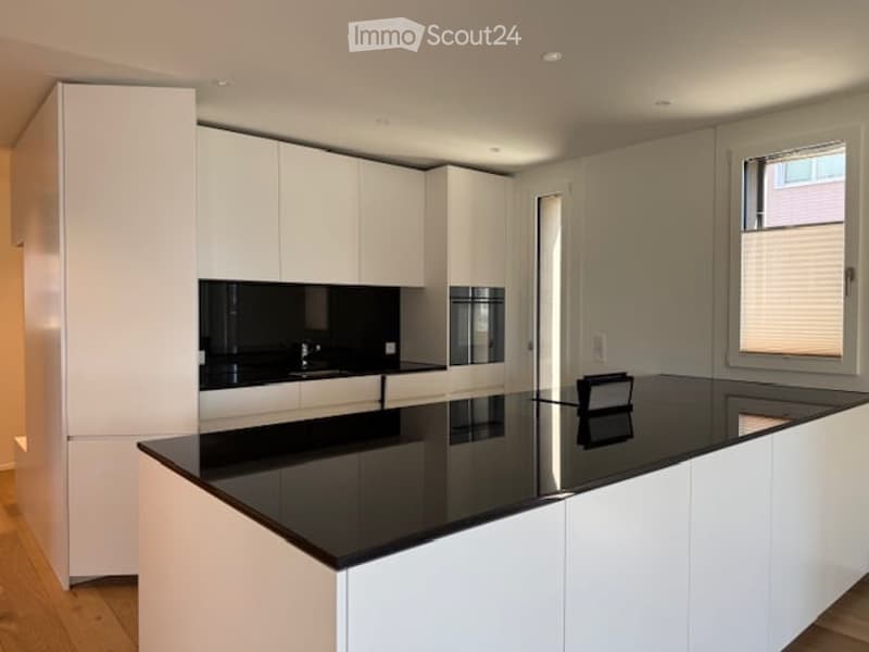modern kitchen with white cabinets, black countertops, wooden floor, large window, built-in appliances