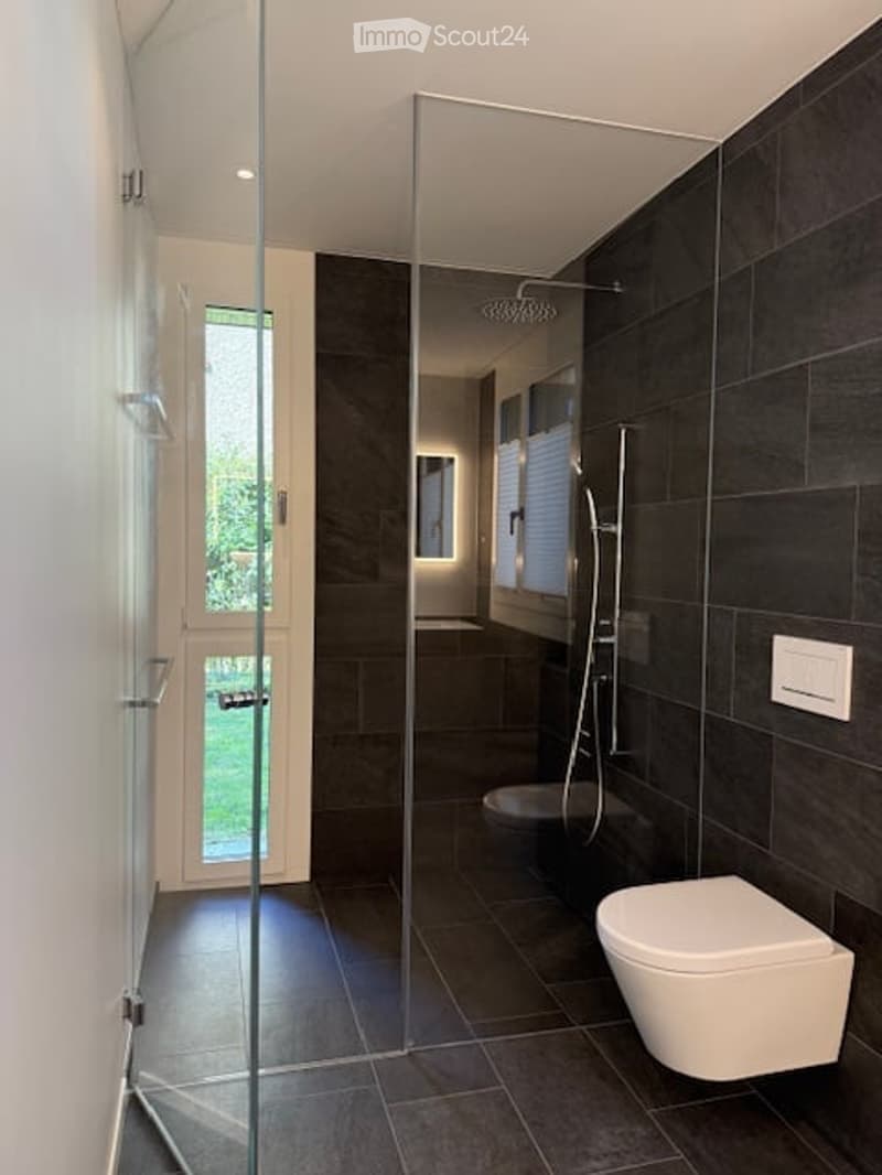 Modern bathroom with glass shower enclosure, black tiles, white toilet, and a glass door leading to a garden