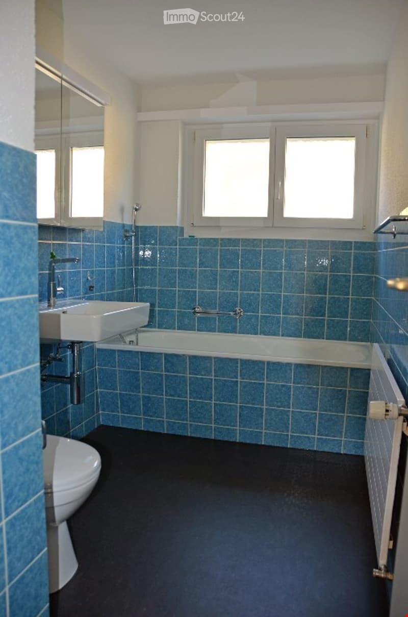 Bathroom with blue tiles, white sink, bathtub, toilet, mirror, and radiator