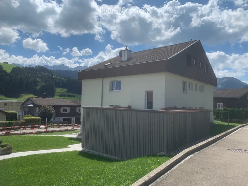 Modern house, white exterior, brown roof, large windows, metal fence, green lawn, mountains in the background