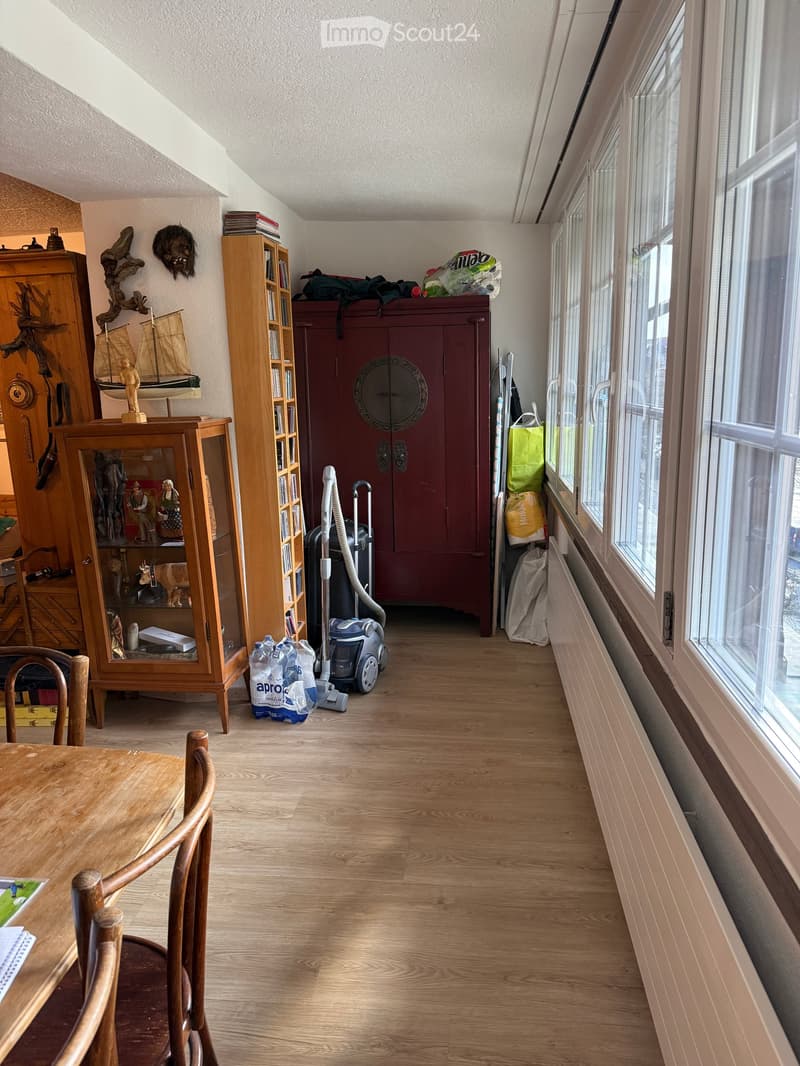wooden floor, wooden table, wooden chairs, wooden cabinet, glass cabinet, red cabinet, vacuum cleaner, bags, books, sailboat, statue, radiator