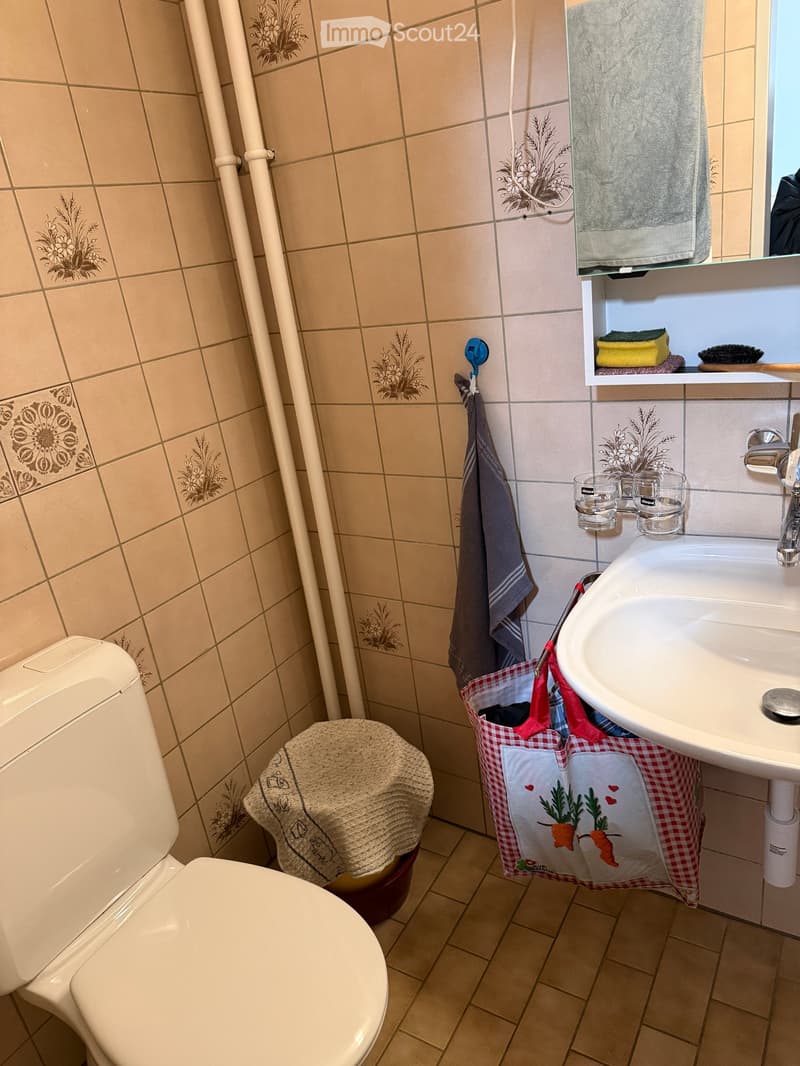 Bathroom with white toilet, sink, towel rack, and tiled walls