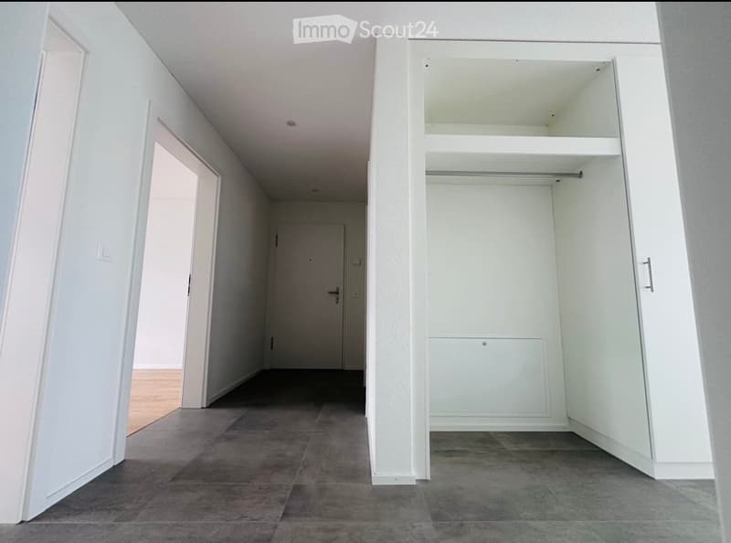 Empty room with white walls, gray floor, two doors, and a closet