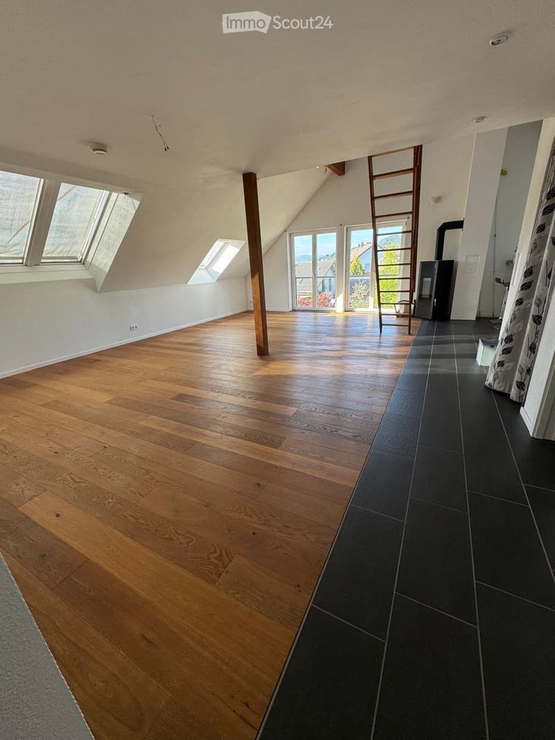 empty room, wooden floor, white walls, black tiles, wooden ladder, skylights, windows