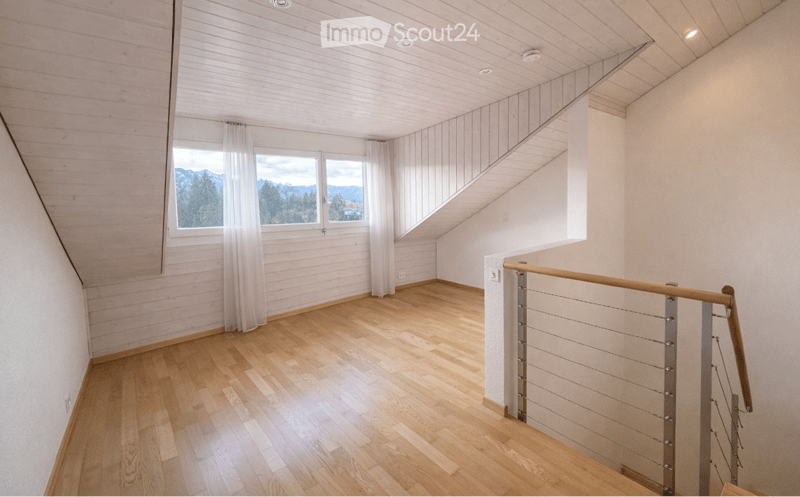 wooden floor, white walls, white curtains, window with view, wooden railing