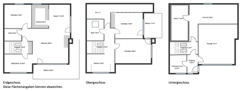 Ground floor: entrance, living room, kitchen, bedroom, bathroom, balcony, library, bathroom. First floor: entrance, bedroom, bathroom, gallery, bedroom. Basement: entrance, bedroom, utility room, garage.