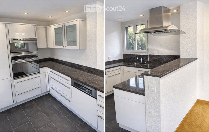 modern kitchen with white cabinets, granite countertops, stainless steel appliances, and a window