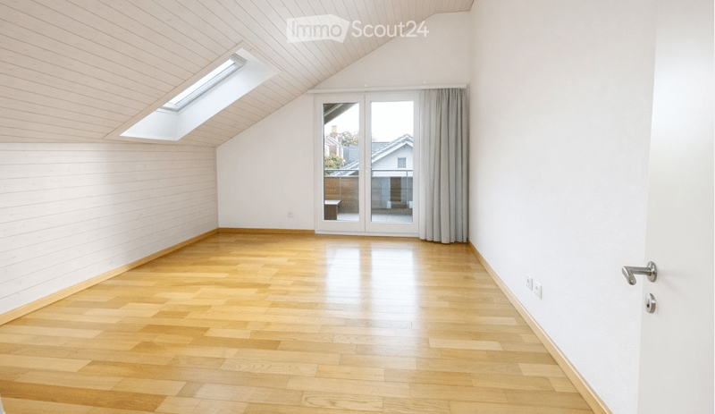 empty room, wooden floor, white walls, glass door, skylight