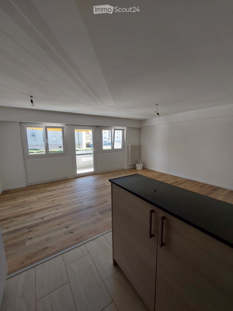 Empty room with wooden floor, white walls, large windows, sliding door, radiator, kitchen counter