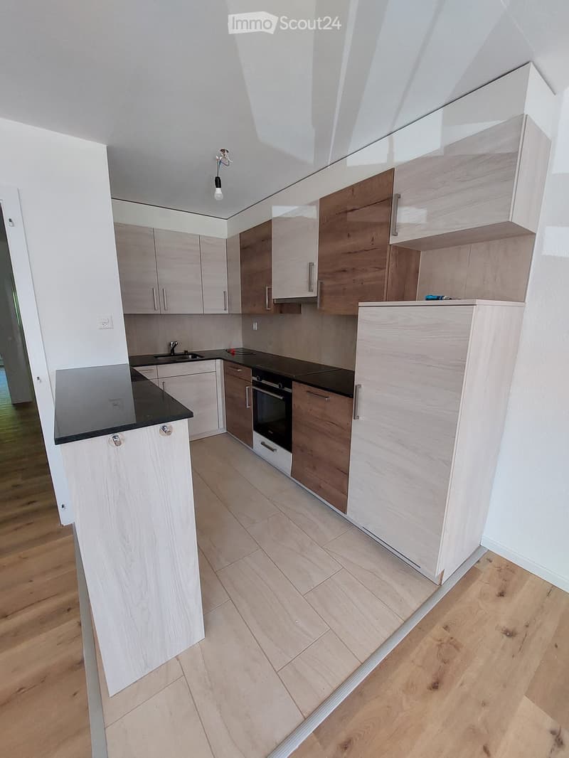 modern kitchen with wooden cabinets, black countertops, white ceiling, wooden floor, built-in oven, sink, faucet