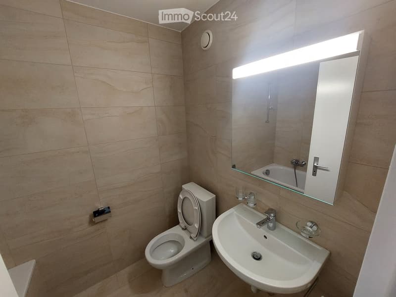 Bathroom with toilet, sink, mirror, and bathtub reflection