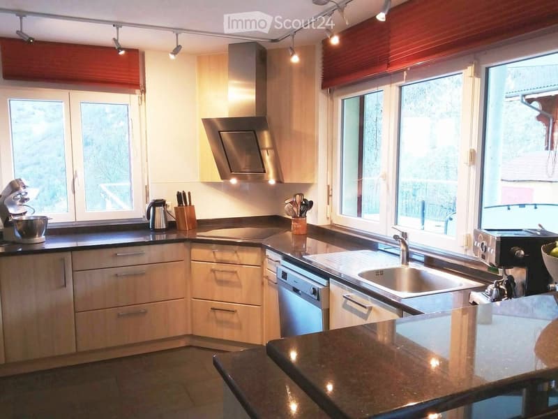 Modern kitchen with light wood cabinets, stainless steel appliances, granite countertops, and large windows with red blinds.