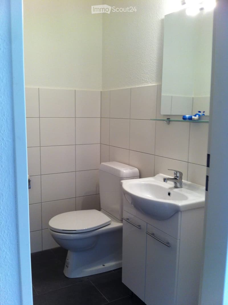 Bathroom with white tiles, white toilet, white sink, white cabinet, mirror, and a glass shelf