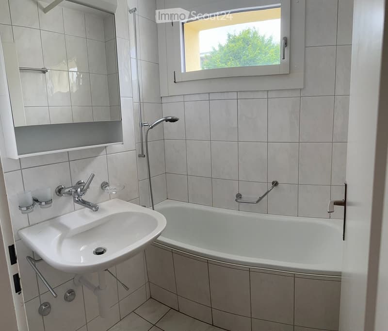 Bathroom with white tiles, bathtub, sink, mirror, shower head, soap dish, and window.