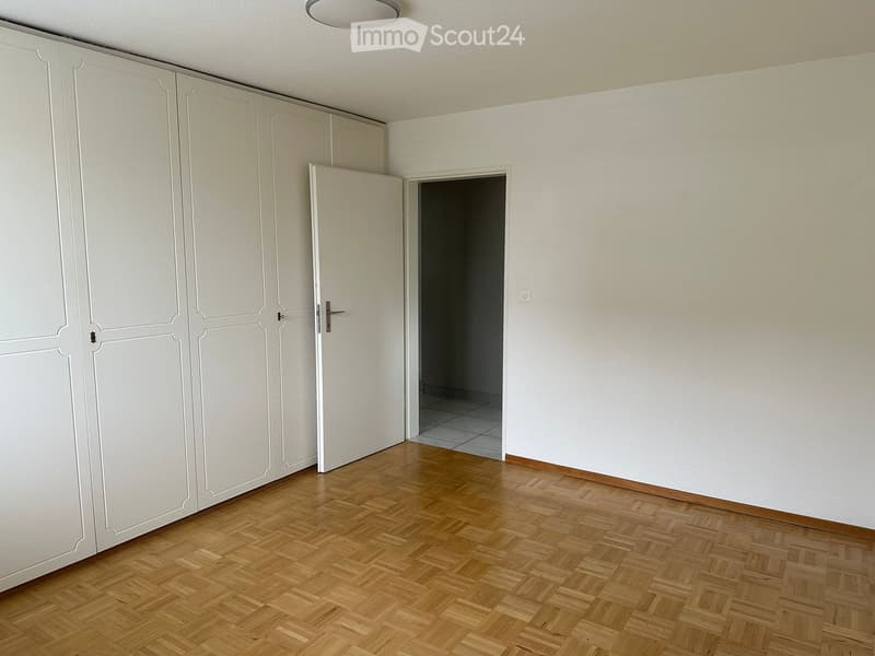 Empty room with wooden parquet floor, white walls, large white wardrobe, open door leading to another room, white ceiling with ceiling light