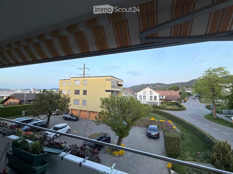balcony with plants, view of a parking lot with cars, yellow building, trees, road