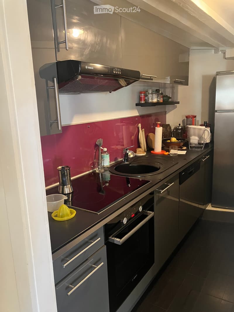modern kitchen, black countertops, induction stove, oven, dishwasher, refrigerator, pink backsplash, stainless steel appliances