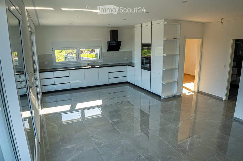 modern kitchen with white cabinets, marble flooring, large windows, modern appliances