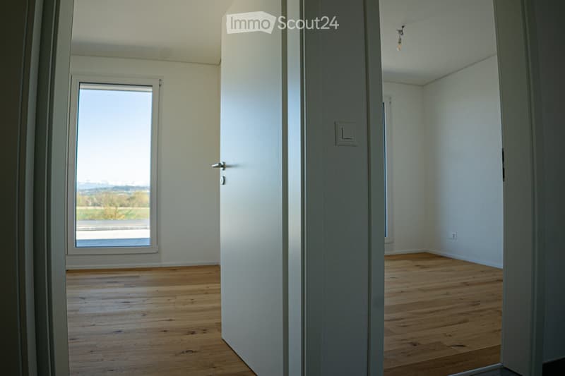 empty room, wooden floor, white walls, large window, open door