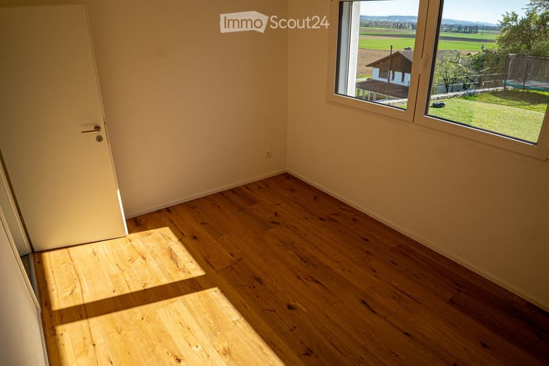 empty room, wooden floor, white walls, large window, view of a field