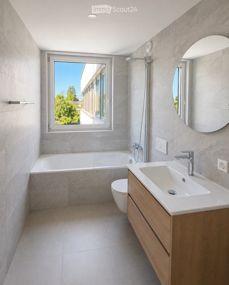 modern bathroom with bathtub, toilet, sink, mirror, and shower