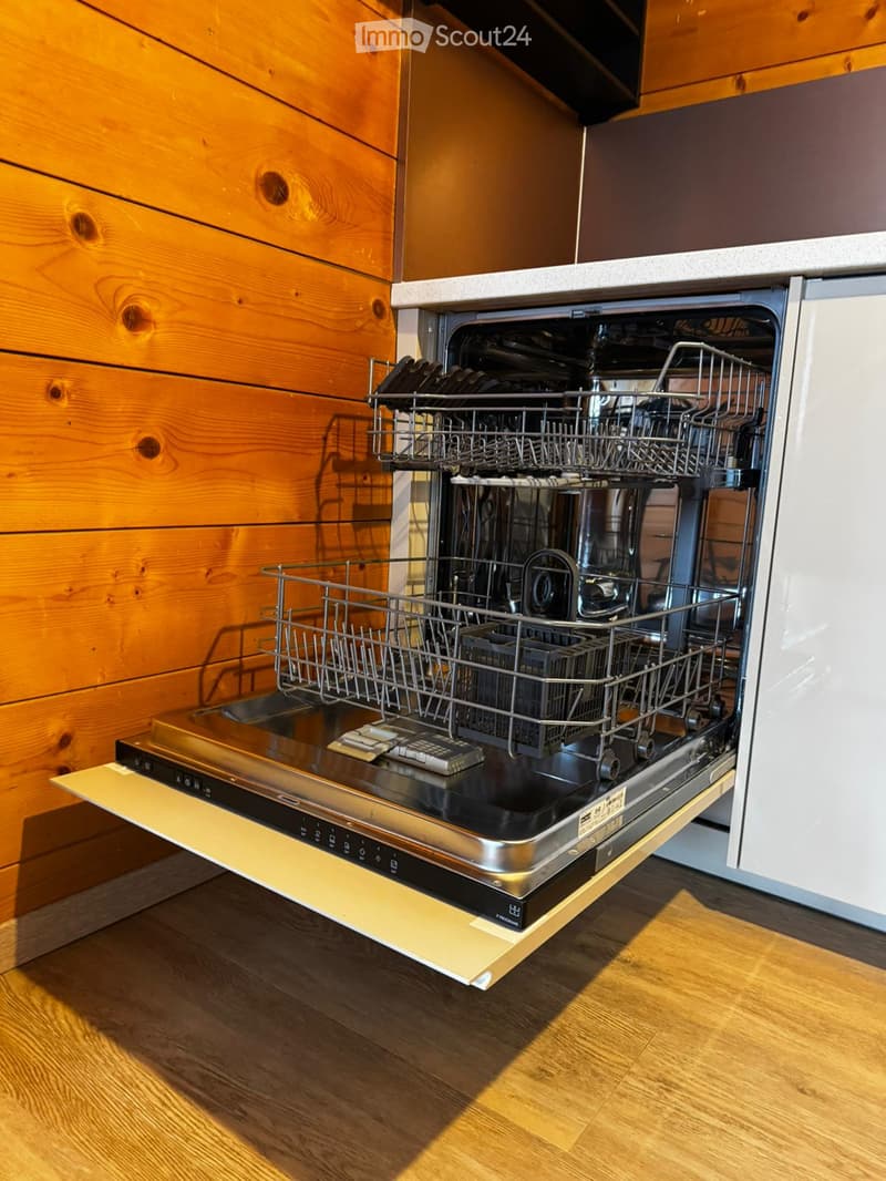 Dishwasher open, stainless steel, wooden wall, wooden floor