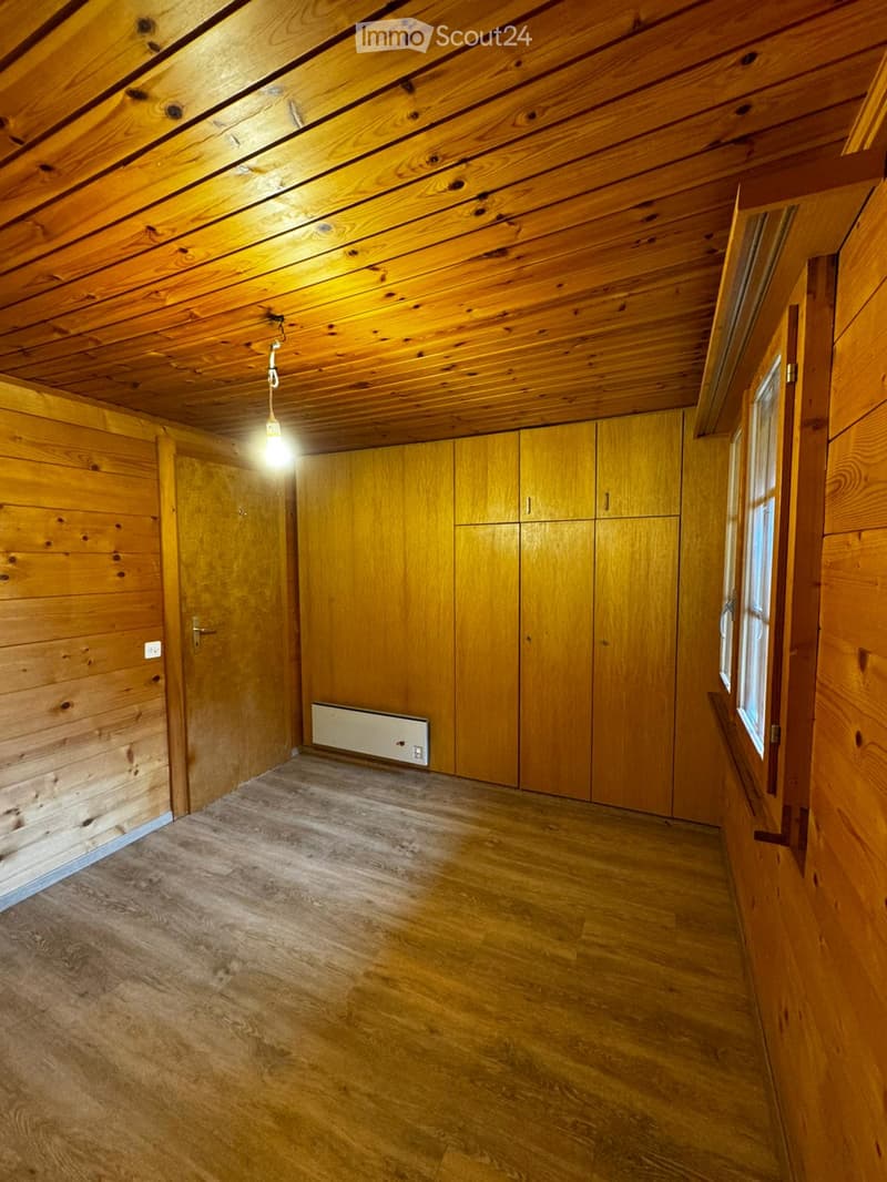 empty room, wooden walls, wooden floor, wooden cabinets, window, light fixture