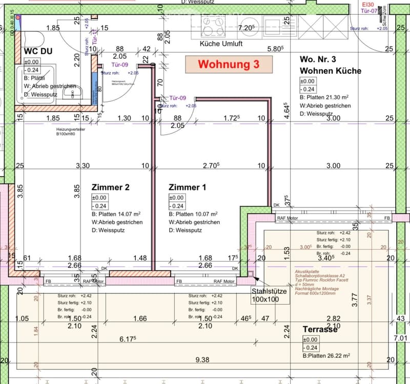 Floor plan of a 3-room apartment with kitchen, 2 bedrooms, 2 bathrooms, balcony, terrace