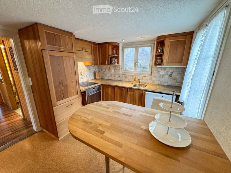 modern kitchen with wooden cabinets, granite countertops, stainless steel appliances, large window with view