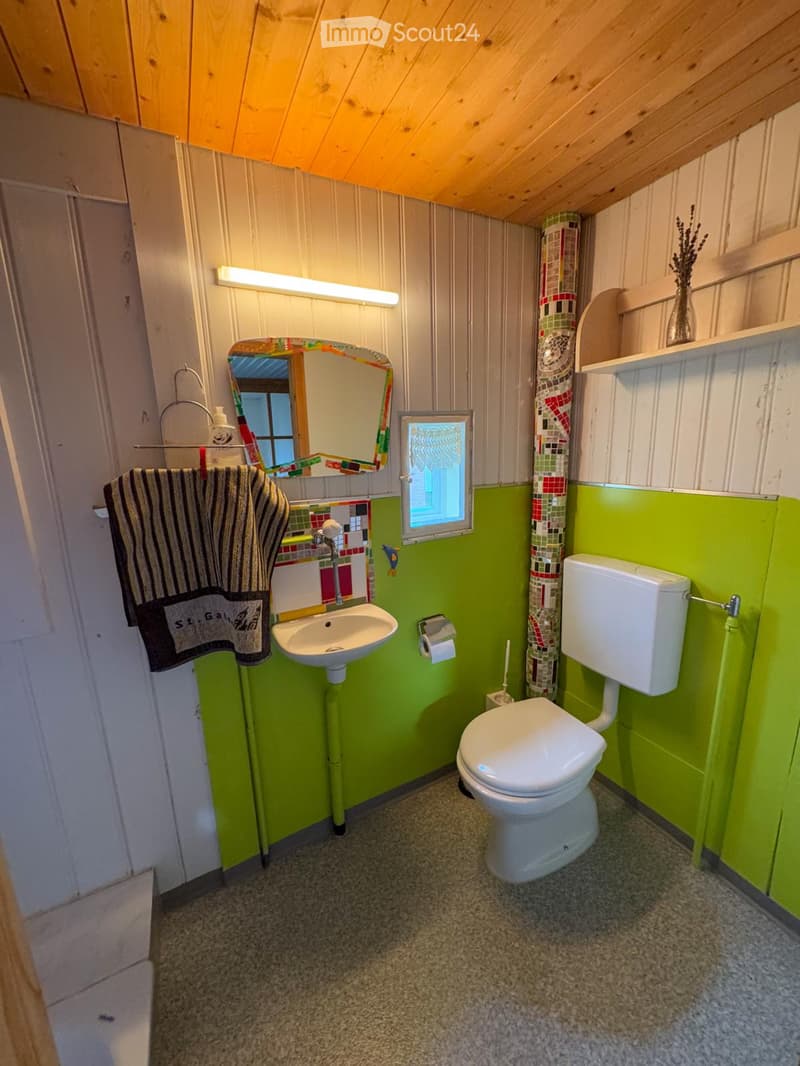 small bathroom with green walls, white sink, white toilet, mirror, towel rack, wooden ceiling