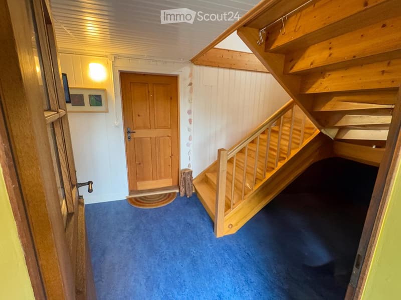 wooden door, wooden stairs, blue carpet, wooden handrail, picture frame, light