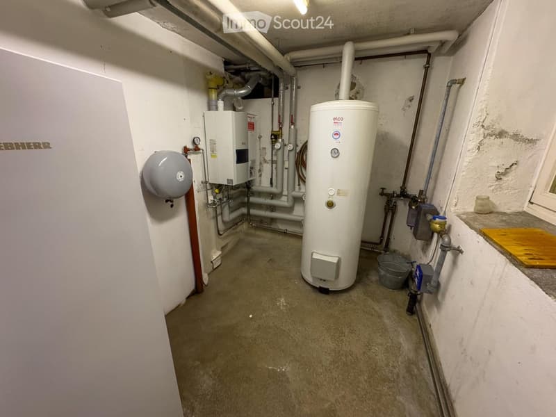 Utility room with water heater, pipes, and electrical appliances