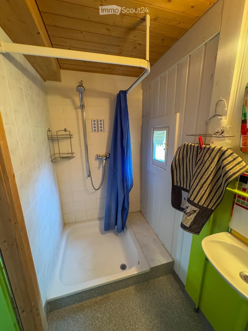 small bathroom with shower, sink, and towel hanging on the wall
