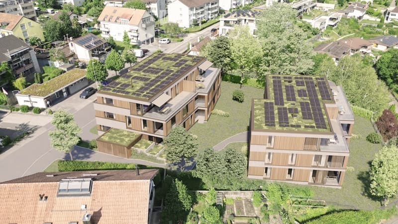 Apartment building, solar panels on roofs, balconies, ground floor greenery
