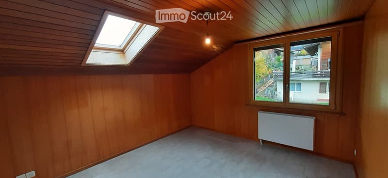 empty room, wooden walls, ceiling, skylight, window, radiator
