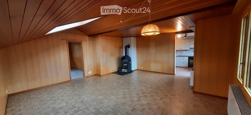 wooden walls, wooden floor, fireplace, kitchen area