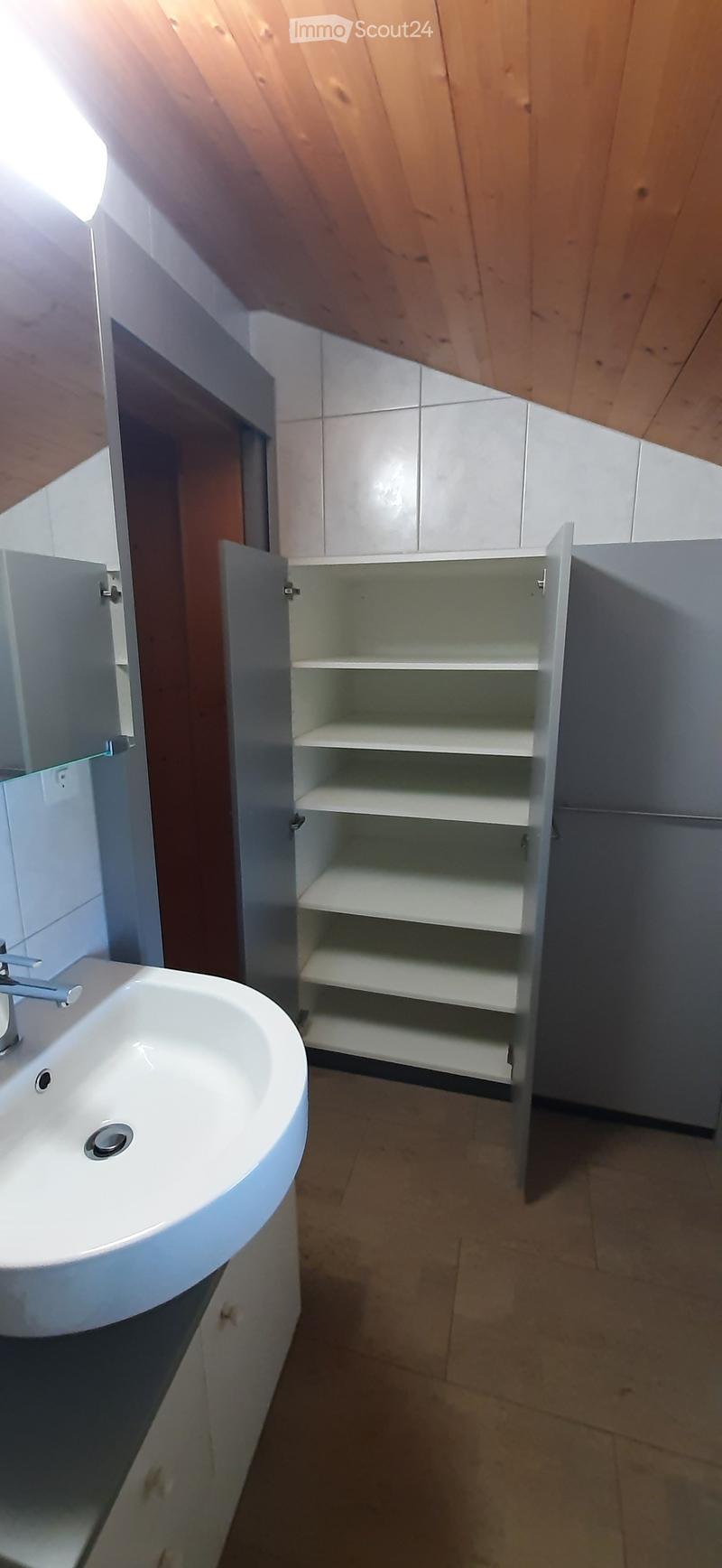 Bathroom with sink, mirror, and open cabinet