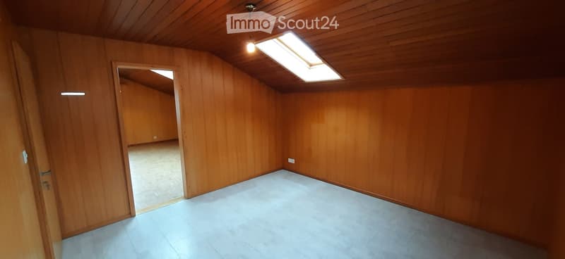 empty room, wooden walls, white floor, skylight